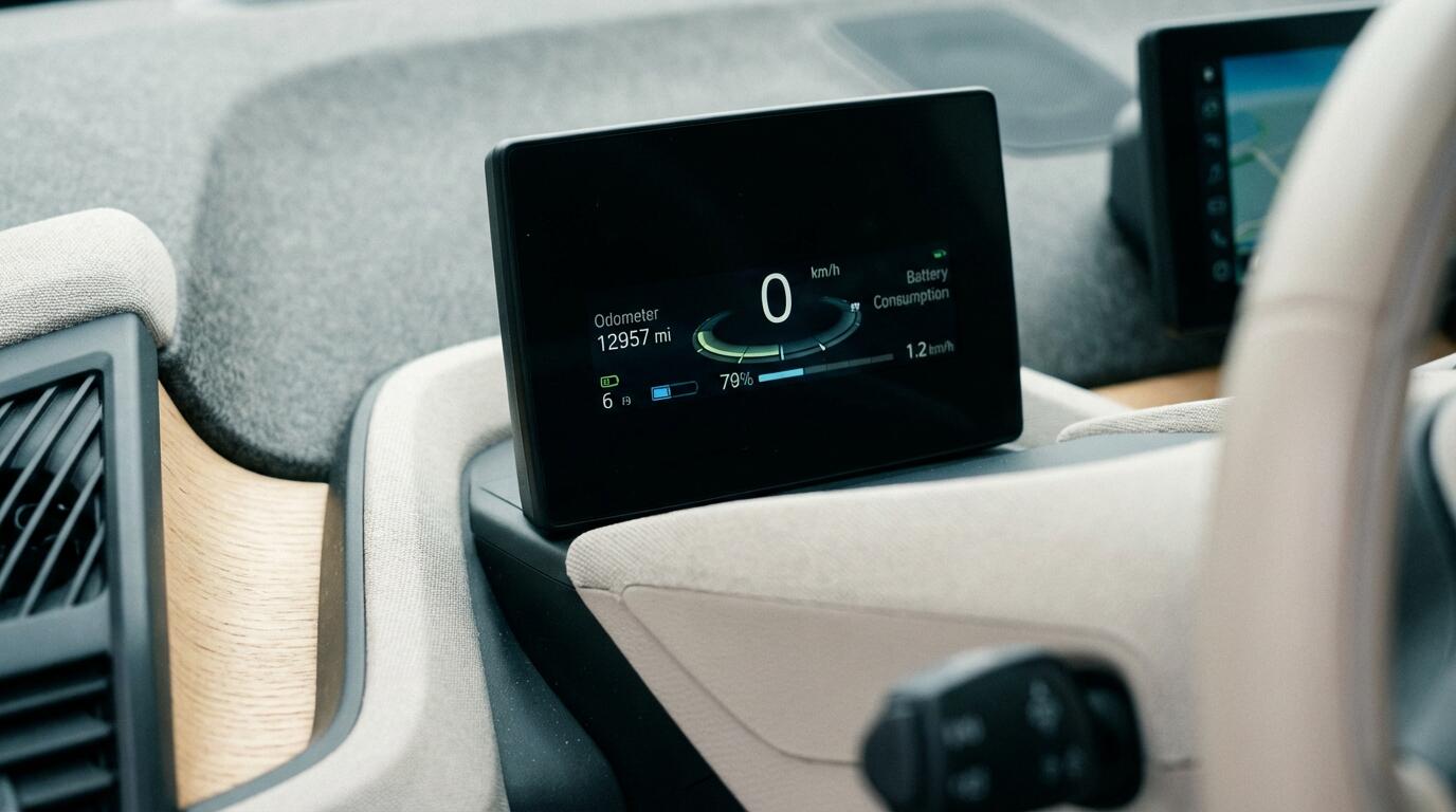 Tableau de bord digital véhicule électrique affichant compteur kilométrique LLD