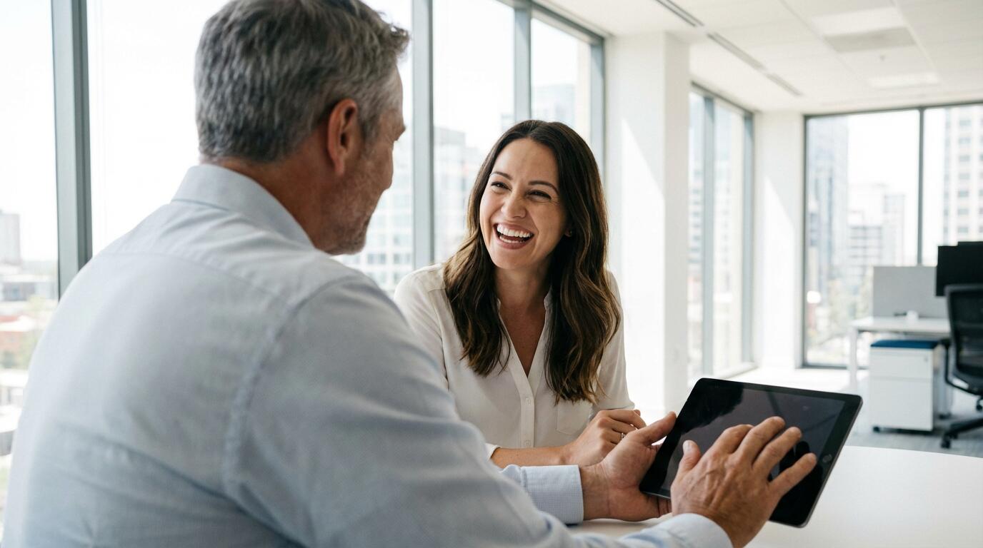 Professionnels discutant renégociation contrat LLD sur tablette en bureau moderne