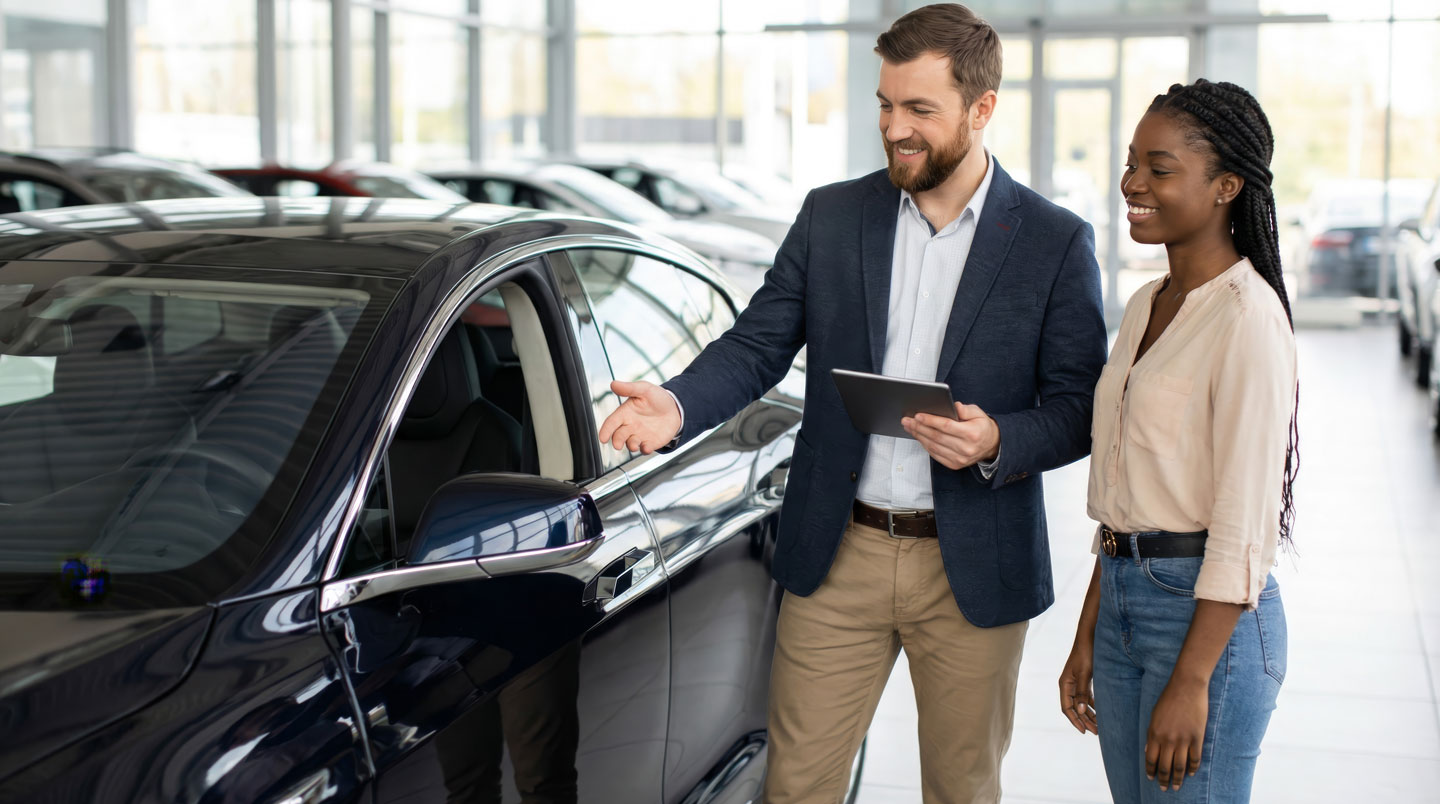 Intérieur lumineux de showroom français avec trois véhicules électriques modernes exposés sur sol béton, personne en tenue professionnelle consultant une tablette près du véhicule de premier plan, grande baie vitrée en arrière-plan